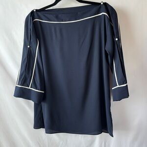 Ann Taylor Navy Blue with White Trim Boat Neck Blouse Slit Sleeves NWT